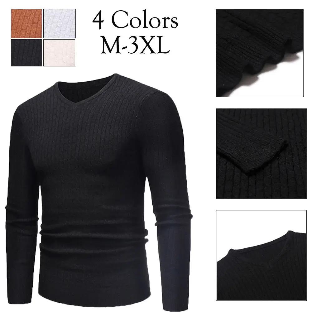 Осенне-зимний мужской однотонный повседневный черный теплый свитер с v-образным вырезом Мужской приталенный брендовый вязаный пуловер размера плюс 3XL