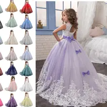 Торжественное кружевное платье с аппликацией лавандового тюля; бальное платье с цветочным узором для девочек; платья с поясом и бантами для свадьбы; платье-пачка; милое детское платье принцессы
