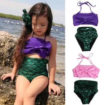 

2-14Y Toddler Kid Baby Girls Mermaid Bow Bikini Suit Swimwear Swimsuit Beachwear Bathing Costume Girl Clothes Outfits 2Pcs Set