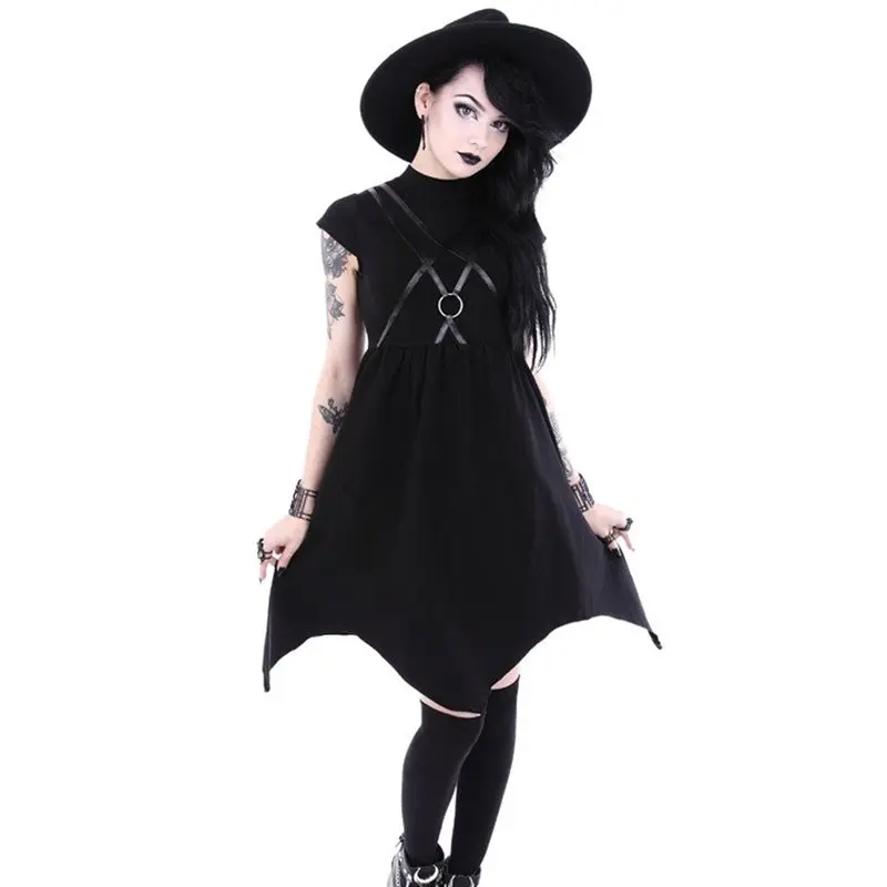

Rosetic Summer Dress Women Solid Black Goth Punk Sexy Vintage Elegant High Waist Asymmetric Gothic Streetwear Casual Dresses