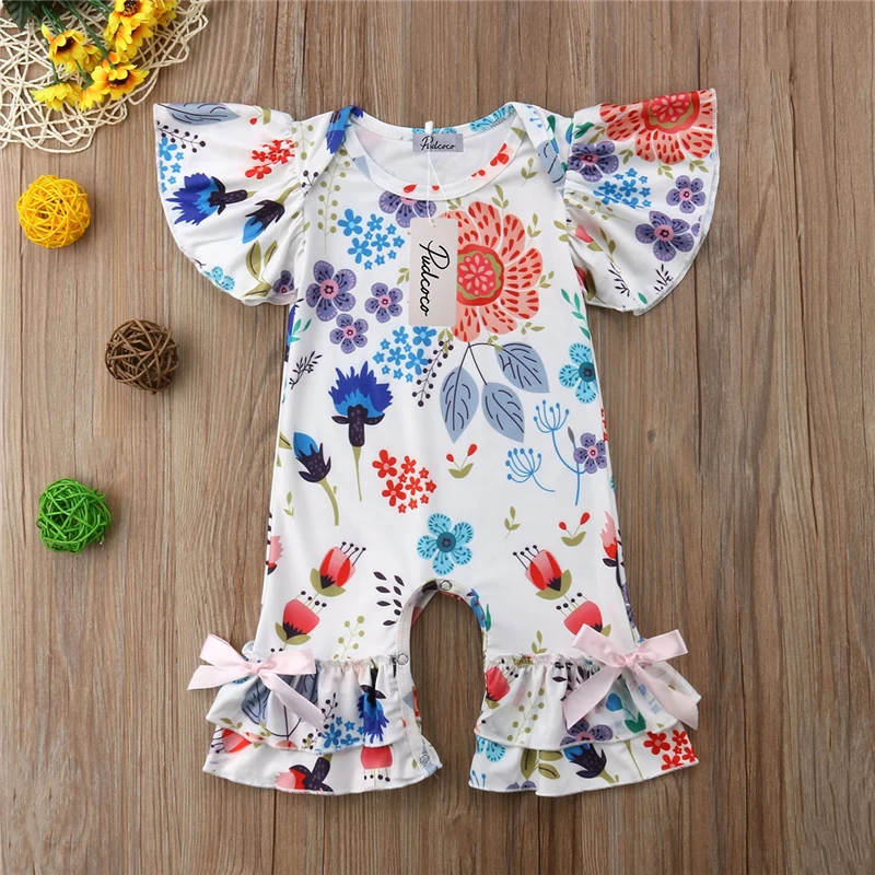 الوليد الطفل فتاة الكشكشة طويل رومبير بذلة الصيف وزرة Sunsuit ملابس الرضع الاطفال الكشكشة سراويل قطنية الملابس الزي