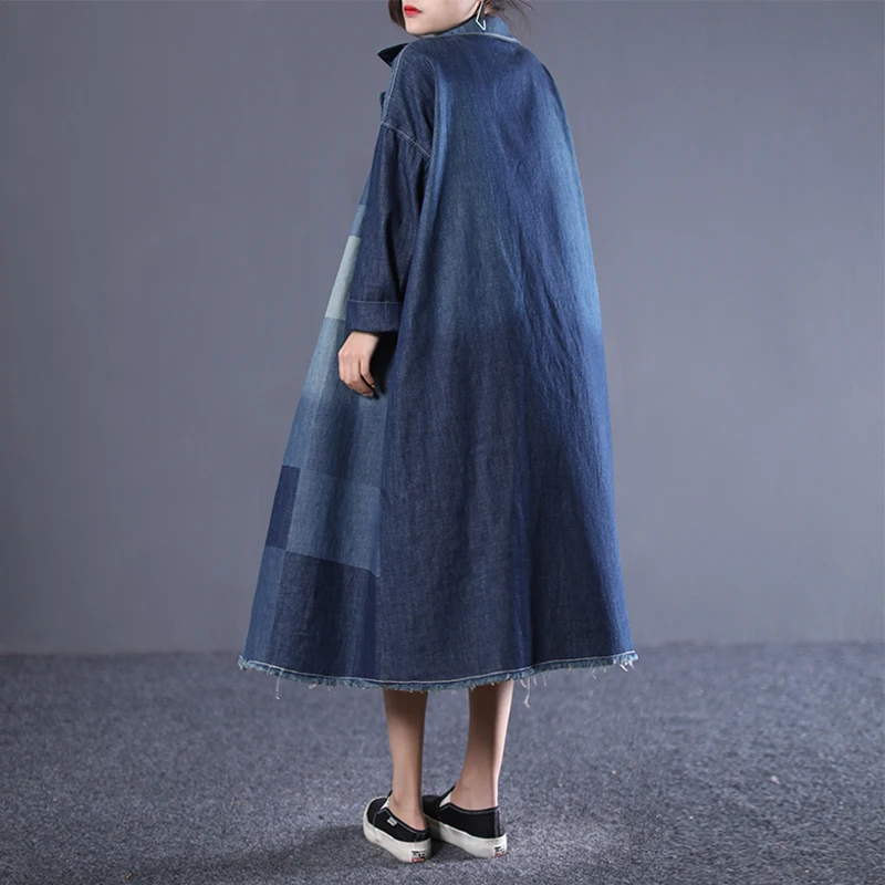 Vers Manches Nouvelle En Blue Ad64405 Le Jean Femmes 2019 Bas Patchwork ewq Poitrine Coupe Patten Longues Unique Tournent Vintage À vent Chemise Printemps E4Kw7