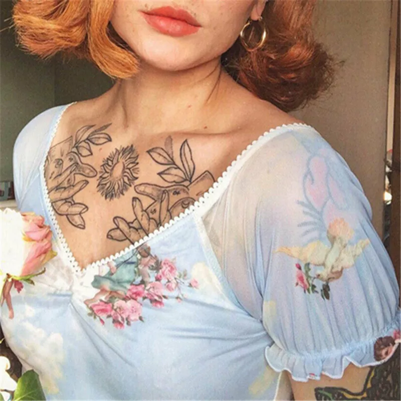 

See Through Crop Top Women Ruffles Short Sleeve Fishnet V Neck Angel Cupid Print Lace Up Camisole Female Loose Casual T-Shirts