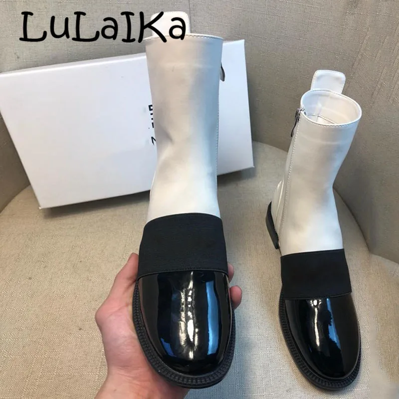 

2018 Sexy Black spell white Brand Designer Spring Autumn Women Flats Bright Leather Boots Color matching Ladies Oxfords Boots