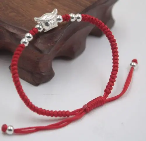 

Solid 925 Sterling Silver Yuanbao Bead Red Cord Knitted Bracelet Adjustable