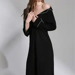 Для женщин Разделение искусственный шелк тонкий пижамы отложным воротником с длинными рукавами и карманами миди трусы Демисезонный