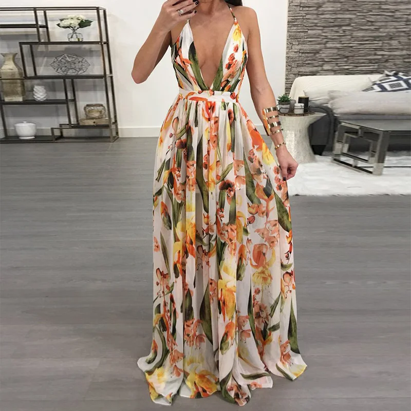 

Women Dresses Summer Sexy Maxi Boho Style Print Party Dress Deep V Neck Backless Long Dress Vestidos