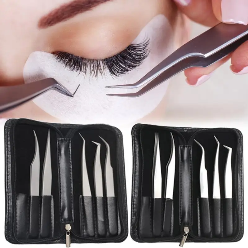 

5pcs Stainless Steel Anti-Static Eyelash Tweezers Tool Kit With Leather Case Grafting Eyelash Extension Tweezers Eyebrow Forceps