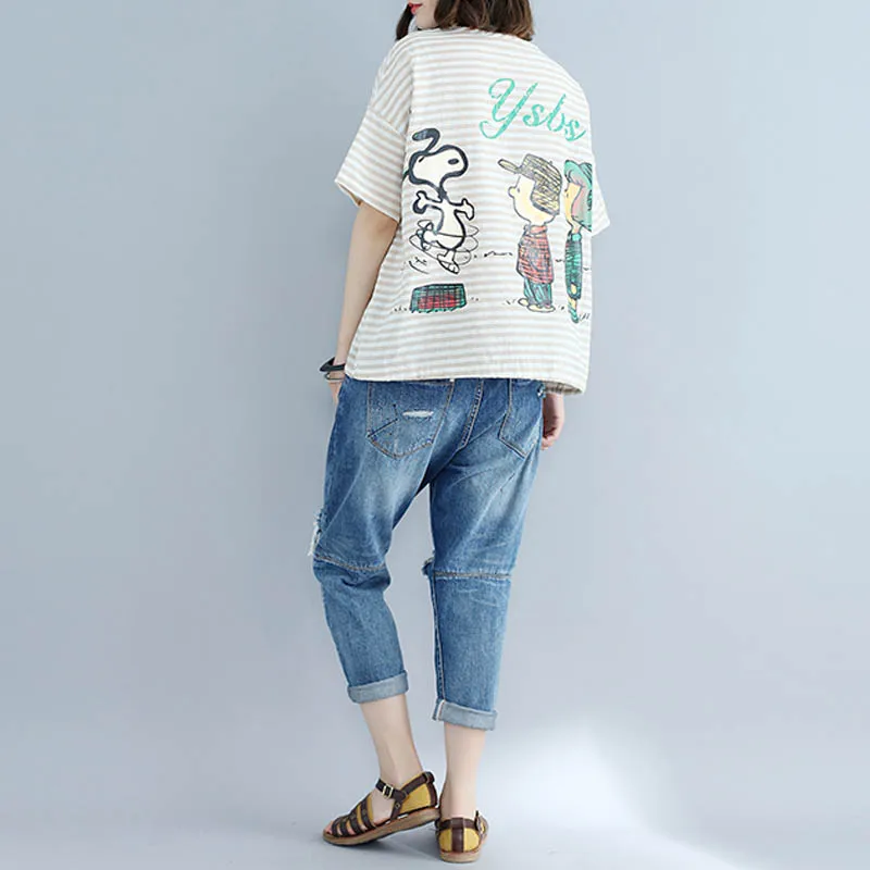 Женская хлопковая льняная футболка с рисунком аниме, модная футболка в полоску Kawaii размера плюс, свободная женская футболка, летняя Новинка