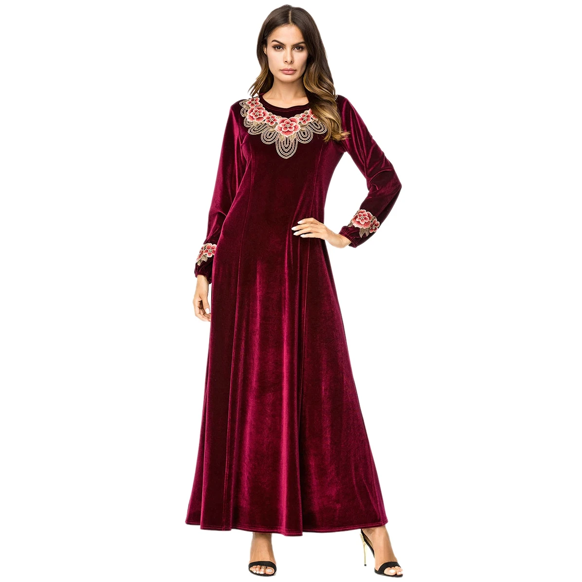 

Muslim Long Dress Women Gold Velvet Vintage Floral Embroidery Long Sleeve A-Line Dress Fashion Slim Brief Elegant Dress