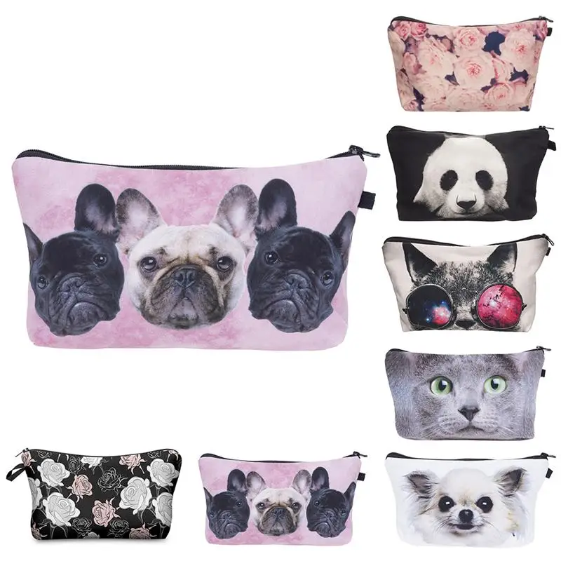  Kawaii Animals Flowers Organizer Cosmetic Bags Women Girls 3D Dog Cat Pug Clutch Bags For Makeup Ne