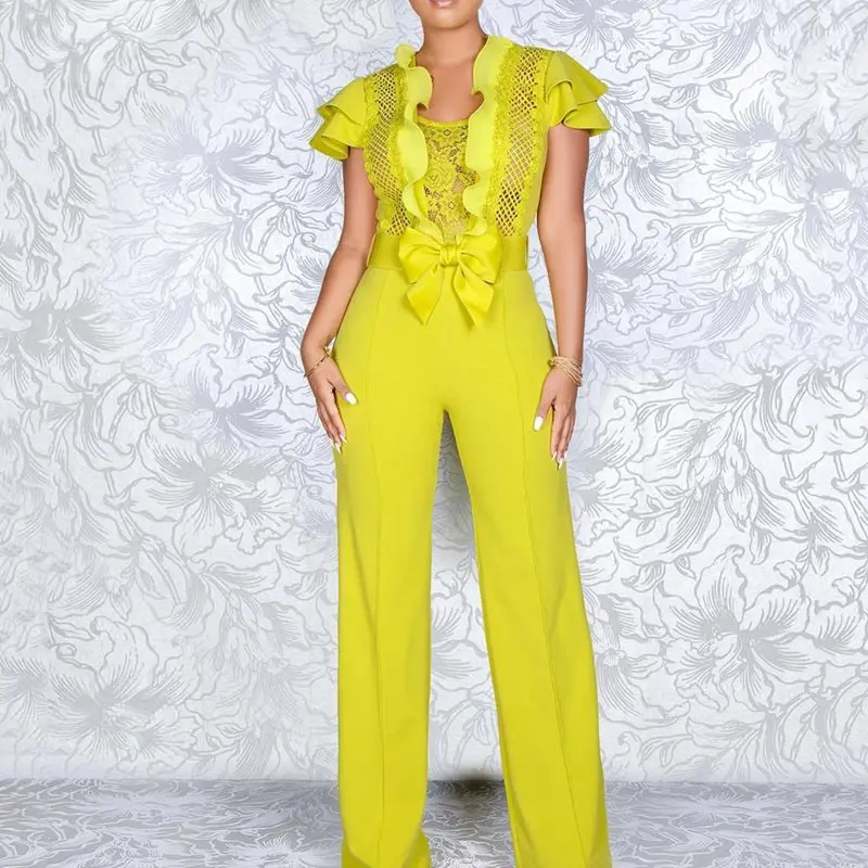 

Summer Sexy Club Women Jumpsuits Casual Beach Style High Street Slim Plain Hollow Ruffles Bow Female Fashion Yellow Rompers