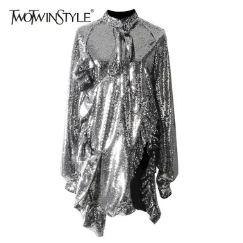 

TWOTWINSTYLE Sexy Heavy Sequins Dresses Female Long Sleeve Lace Up Asymmetrical Ruffle Dress For Women 2020 Autumn Fashion New