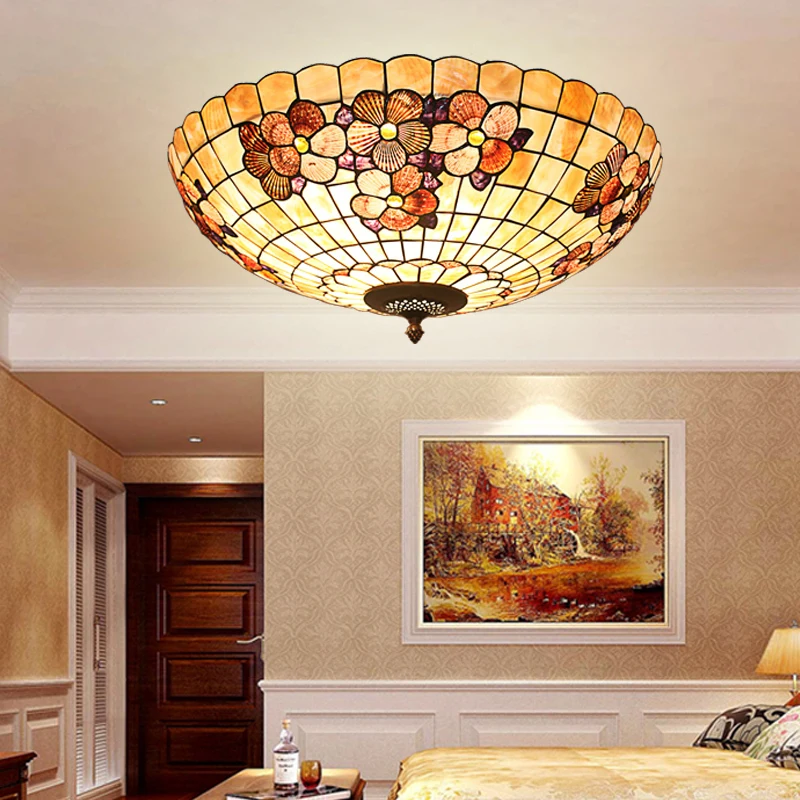 

European Tiffany Shell Mediterranean Pastoral Ceiling Lights Luminaria Teto Ceiling Lamps For Home Decoration 16/20/24inch