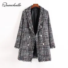 Queechalle Женское пальто осень зима пуговицы открытый стежок Turn-Down воротник с длинным рукавом цветной плед Свободная верхняя одежда женская