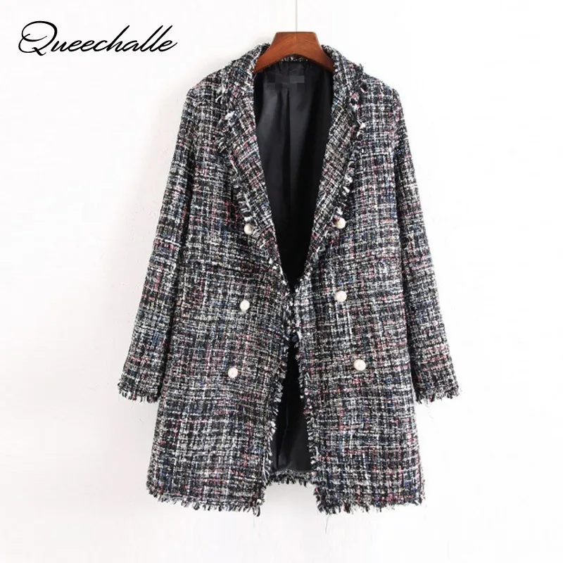Queechalle Plaid Coat Women 2020 Autumn Winter Buttons Turn down Collar Long Sleeve Elegant Coats Fashion Loose Outerwear Female|Пальто| |