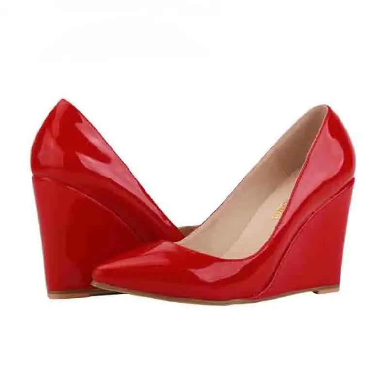 

Patent Leather 10cm creepers fashion Women Designer Shoes Black/Red Spring Brand Ladies Platform Wedge party Shoes zapatos mujer