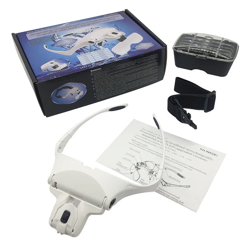 LED Illuminated Glasses Magnifiying Glass Eyeglasses Bracket Headband Interchangeable Magnifier with 2 LED Lighting 5 Lens