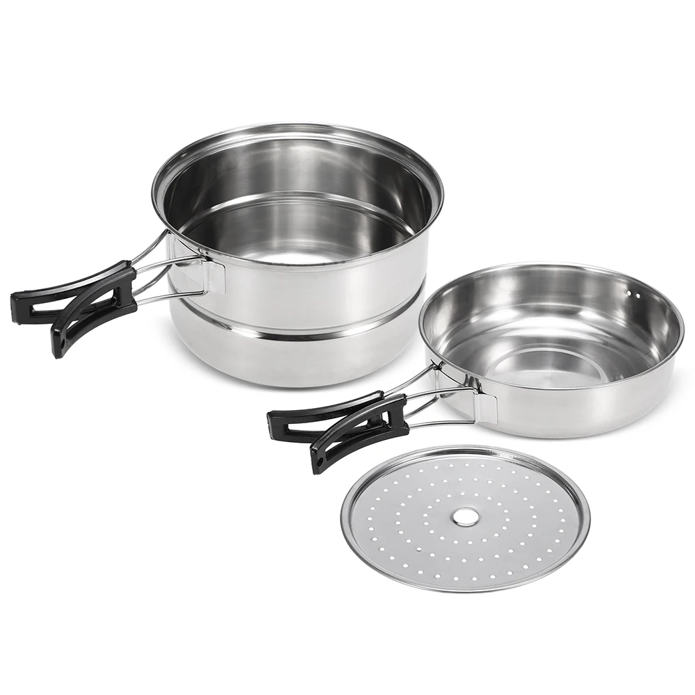 

3Pcs Camping Cookware Set Outdoor Tableware Stainless Steel Camping Pot Frying Pan Steaming Rack Home Kitchen Cooking Set