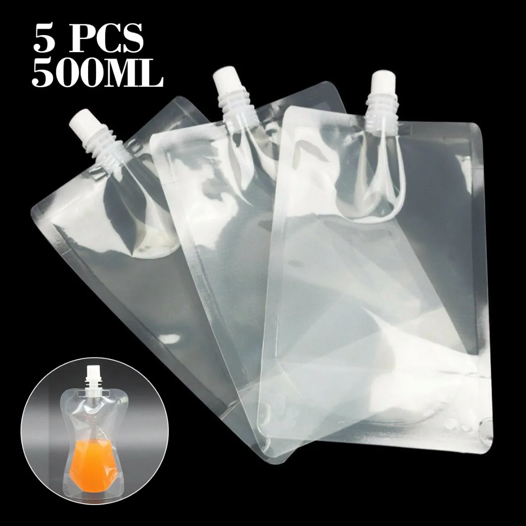 

5pcs/set 500ml Stand-up Clear Plastic Beverage Bag Spouted Liquid Drinks Bag Pouch for Beverage Liquid Juice Milk Coffee