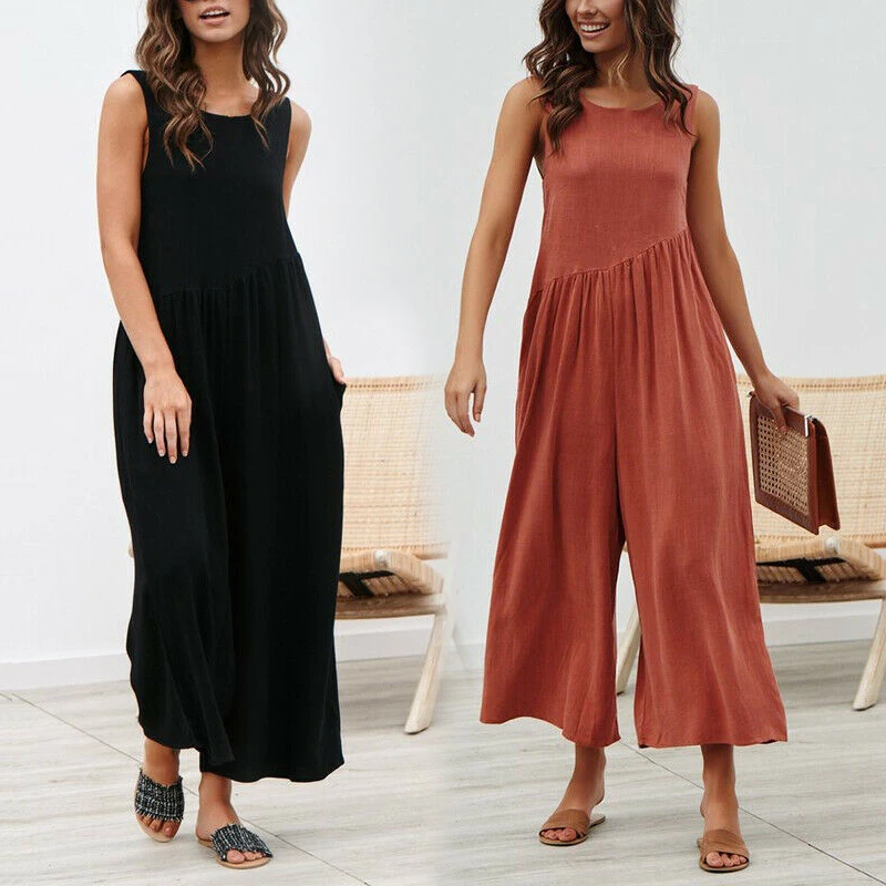 

Women's Baggy Loose Boho Wide Leg Vintage Summer Jumpsuit Backless Romper Beach