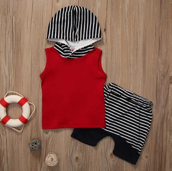 2 pieces Sleeveless Hooded T-shirt and Striped Shorts For Boy Summer Clothes 3