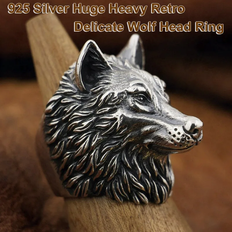 

Thick Heavy Punk Retro Fashion Ring Solid 925 Sterling Silver Cool Knight Individuality Wolf Head Ring TA90 US Size 10~15