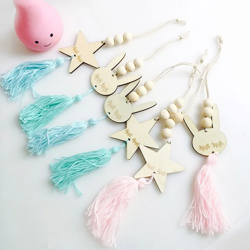 Nordic Стиль в форме симпатичной звезды деревянные бусины Tassel Pendant украшение