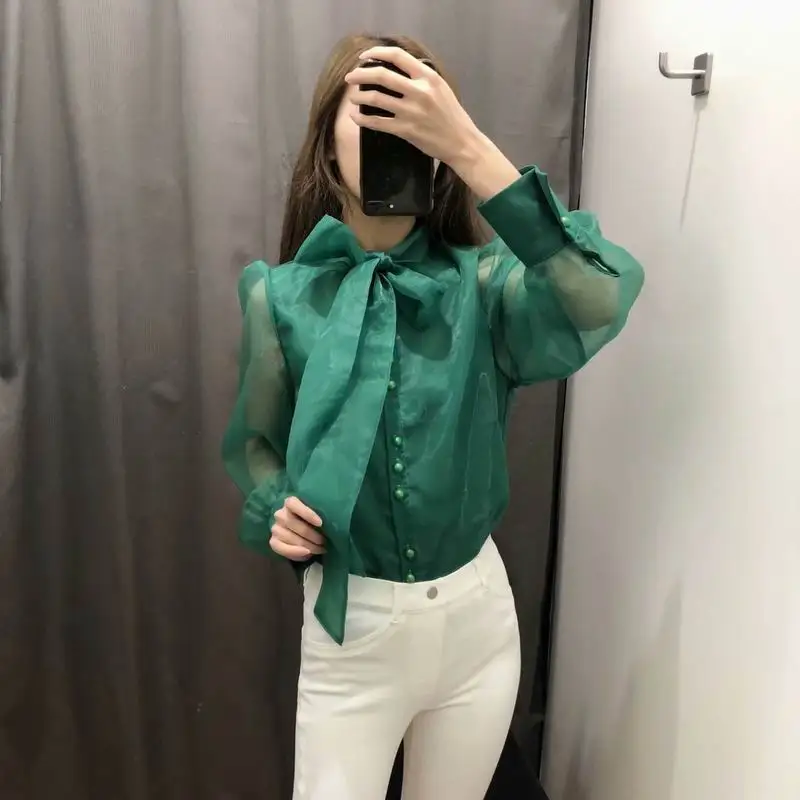 

Spring 2019 New Women Blouse Shirt Organza Perspective Tied Bow Collar Sunscreen Modern Lady's Tops Long Sleeve Female Blusa