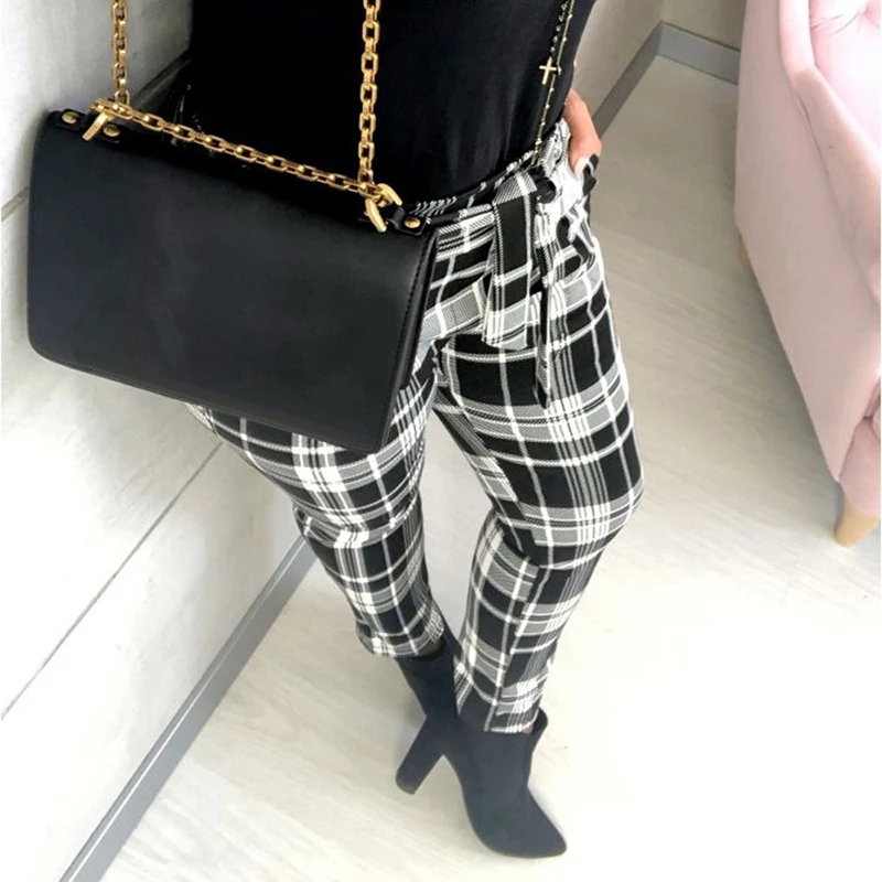 New Women Fashion Plaid Printed Slim Pencil Pants Trousers Britches With Belt New Women Fashion Plaid Printed Slim Pencil Pants Trousers Britches With Belt