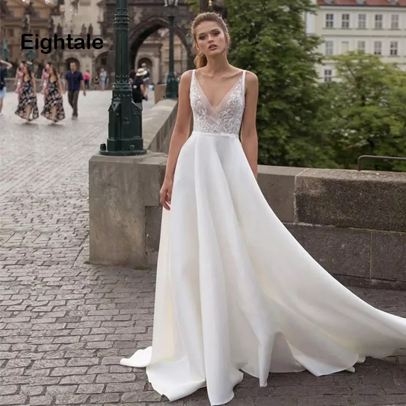 

Eightale Beach Wedding Dresses V Neck Applqiues Lace Satin Boho Bohemian Wedding Gown 2019 Backless Plus Size Bride Dress