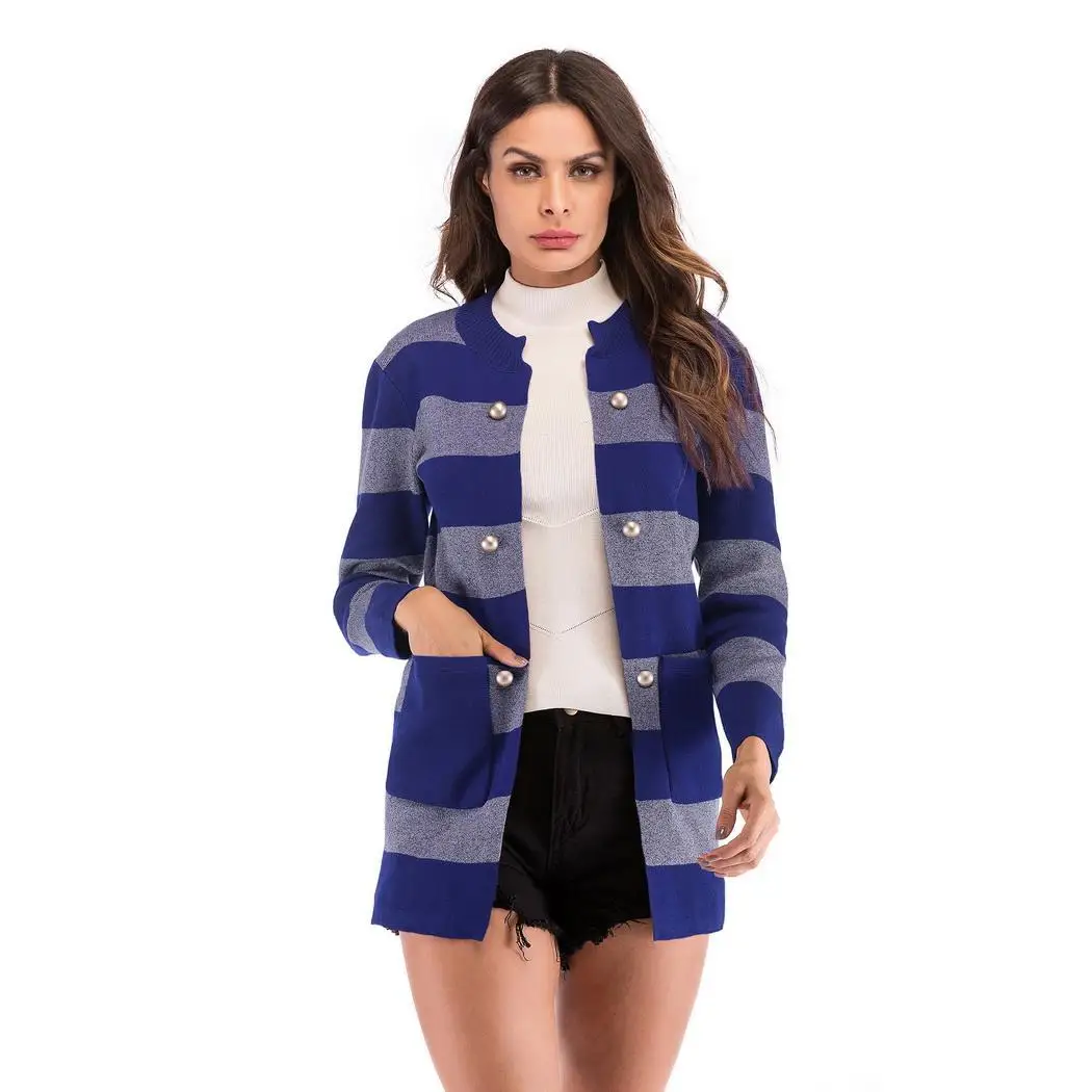 Coat Sleeve Fashion Autumn Neck Long Winter Front Regular Sweater Casual None Women Open Spring Stripe Thin Cardigan |