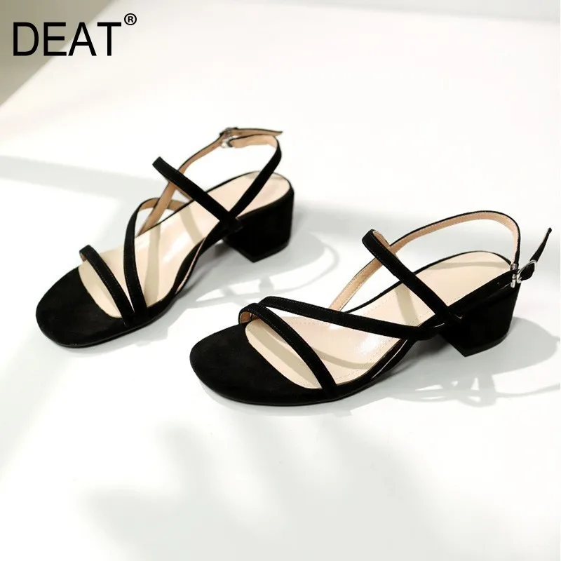 

[DEAT] 2019 New Spring Summer Round Toe Thin Bandage Buckle Strap Simple Casual High Heels Sandals Women Fashion Tide 10SJ461