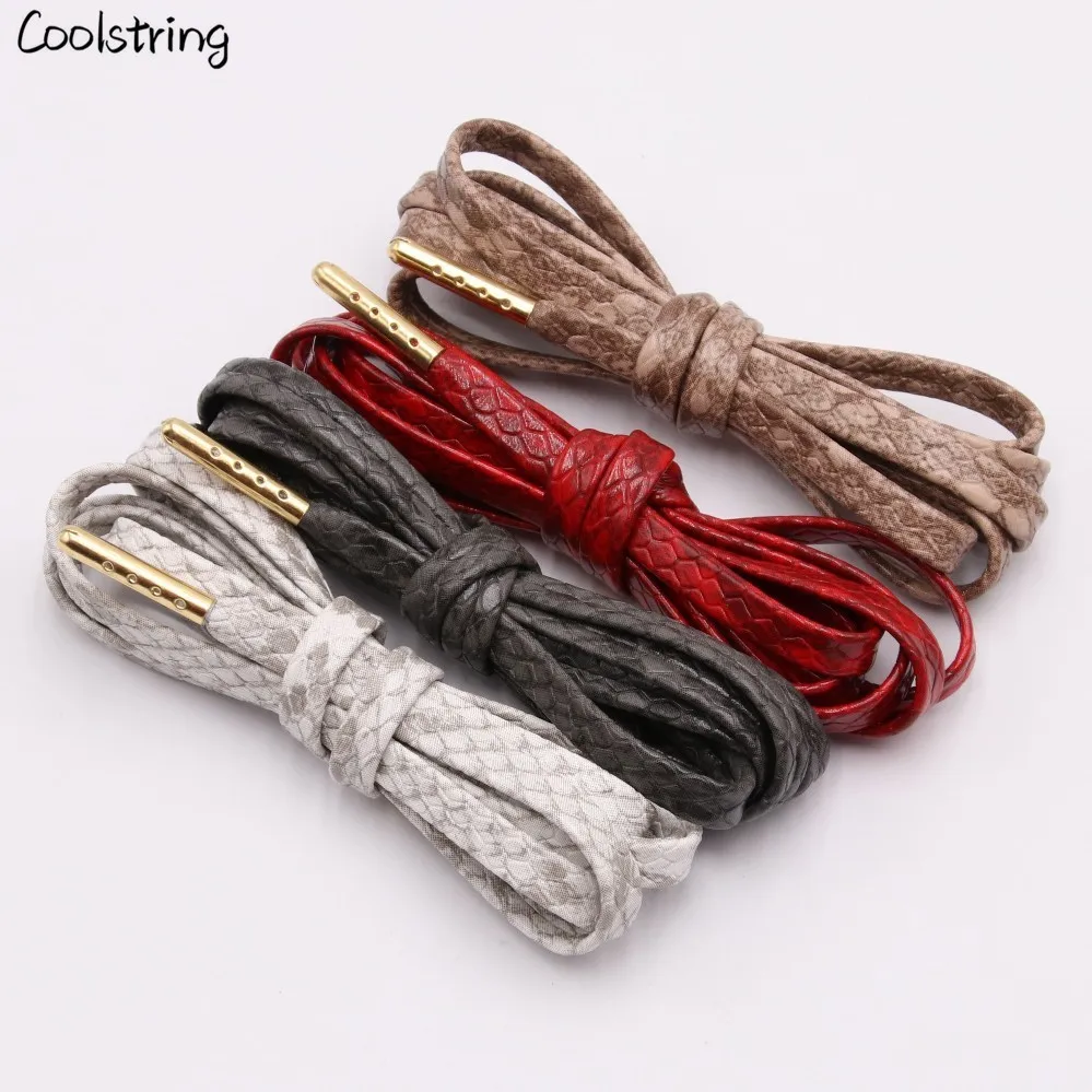 Coolstring Flat Snakeskin Shoe Laces White Red Grey Brown Luxury Leather LE ShoeLaces With Gold Metal Aglets For Sneakers Sports