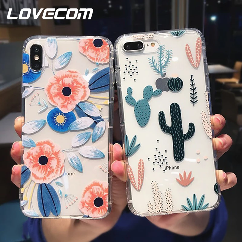 Чехол для телефона LOVECOM для iPhone 11 Pro Max XS Max XR 6 6s 7 8 Plus X противоударный прозрачный мягкий ТПУ классический цветы и кактус Ba