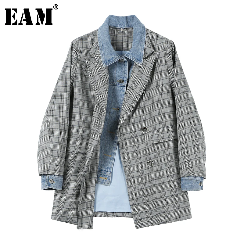 

[EAM] 2019 New Autumn Winter Lapel Long Sleeve Gray Hit Color Denim Plaid Printed Loose Jacket Women Coat Fashion Tide JS105