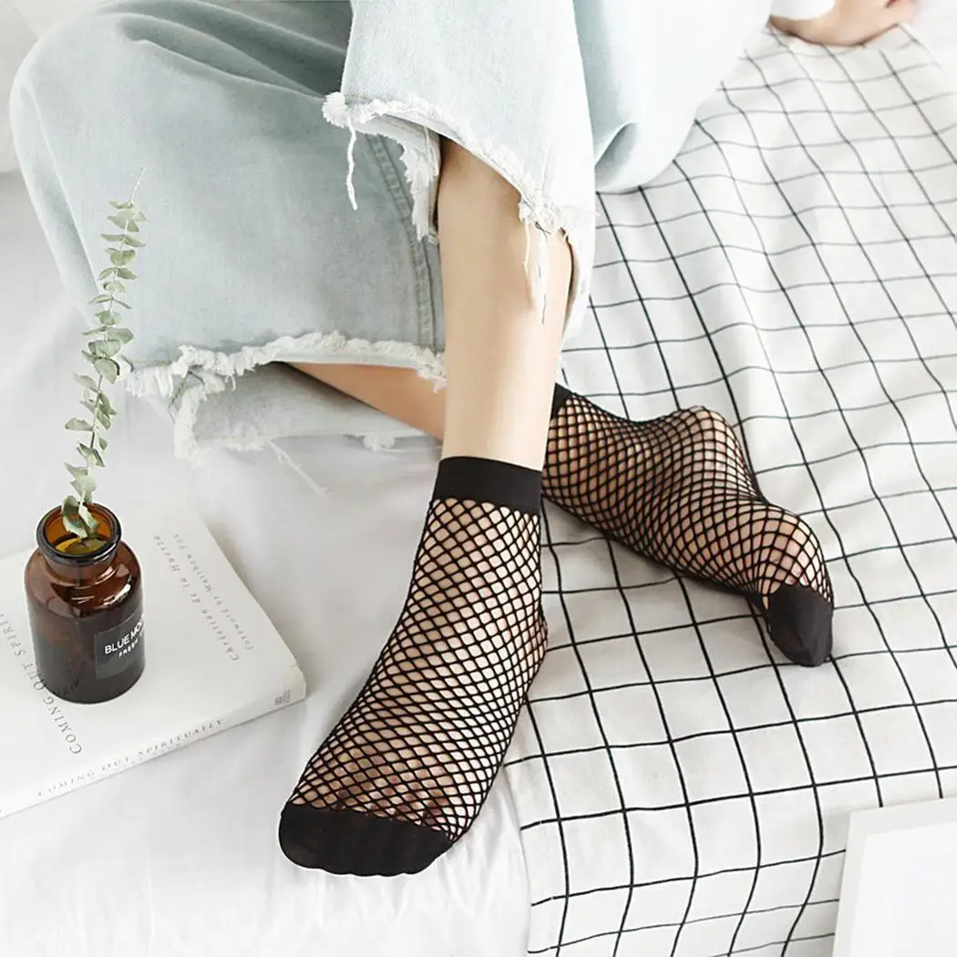 

Women Casual Solid Thin Hollow Mesh Short Socks Black Fishnet Socks