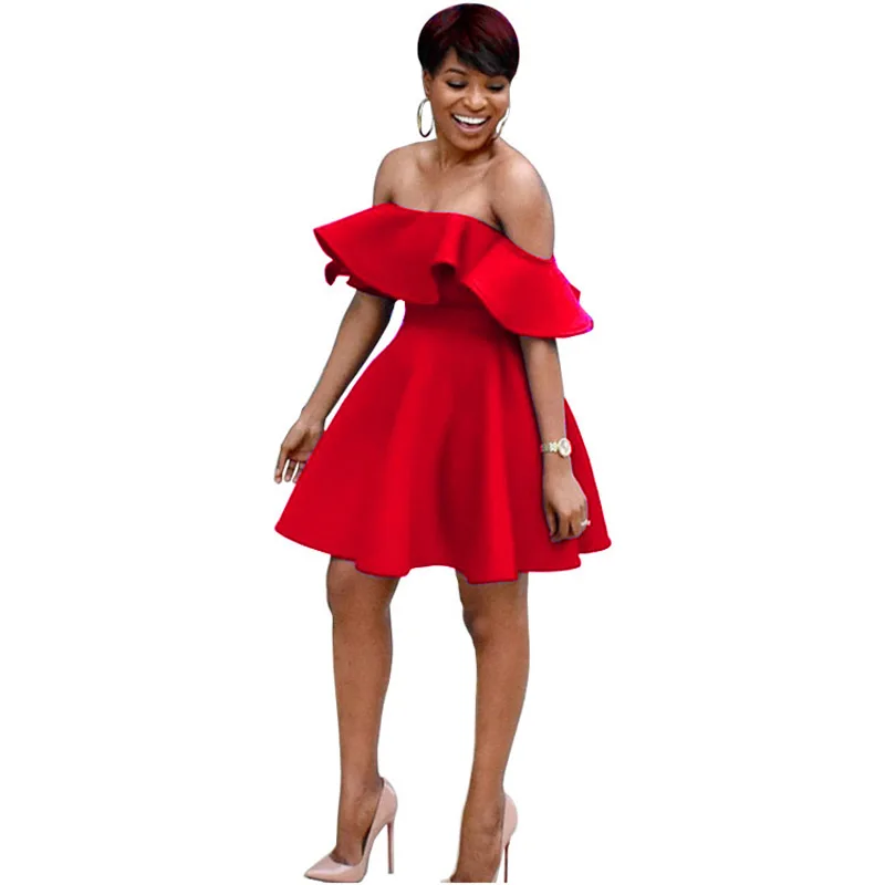 

Womens Clothing African Casual Party Elegant Ruffles Slash Neck Off Shoulder Above Knee Dance Ball Gown Red Skater Dress 259189