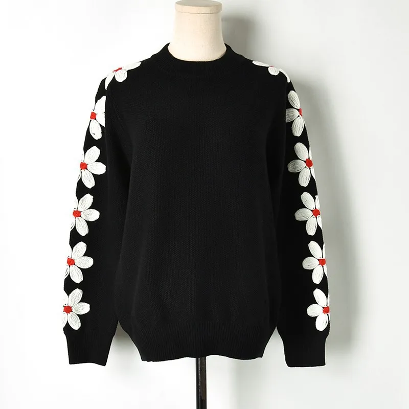 Зимние элегантные женские черные свитера с цветочным принтом, пуловеры для подиума, дизайнерский Женский вязаный джемпер с длинным рукавом, топы, одежда
