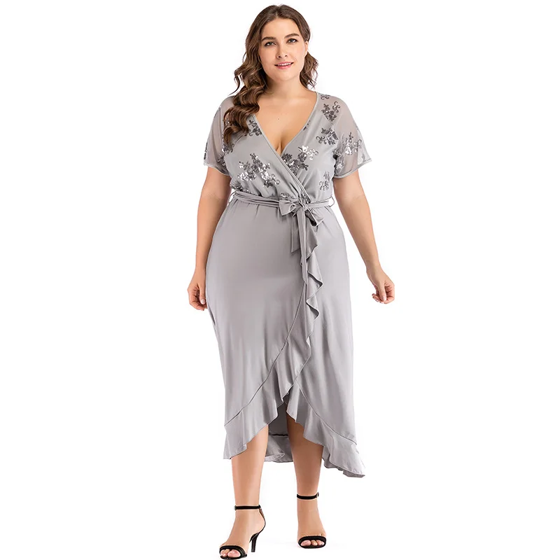 Plus Size New Sexy Women Midi Dress Sequined Sheer Mesh V Neck Short Sleeve Ruffled Irregular 