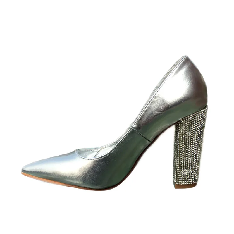 

2019 PU Leather Women Shoe in Pointed toe Shallow mouth with Square Heel Party Pumps Solid Color Sliver Ladies Spring Shoe