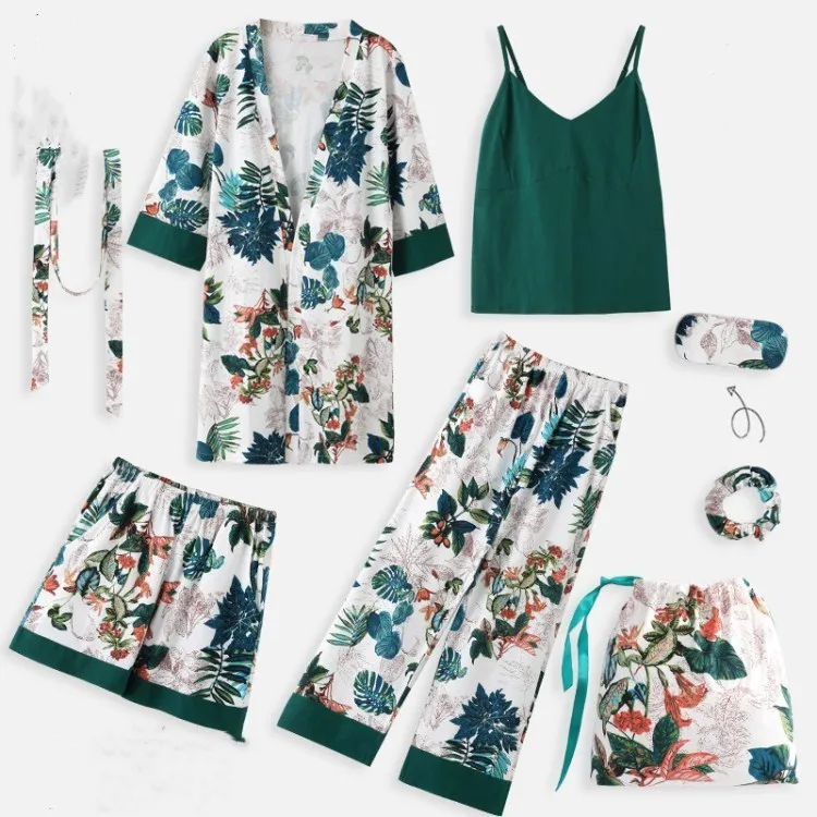 

Green Floral Print Spring Autumn Pajama Sets Women Casual Simple Slim Thin Homewear