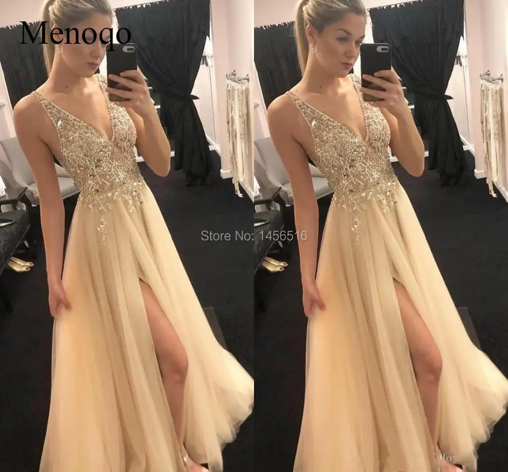 Bling Beading Sequined Evening Dresses Long V-neck Sexy Side Split A-line Evening Gown Formal Dress Special Occasion Dress Women