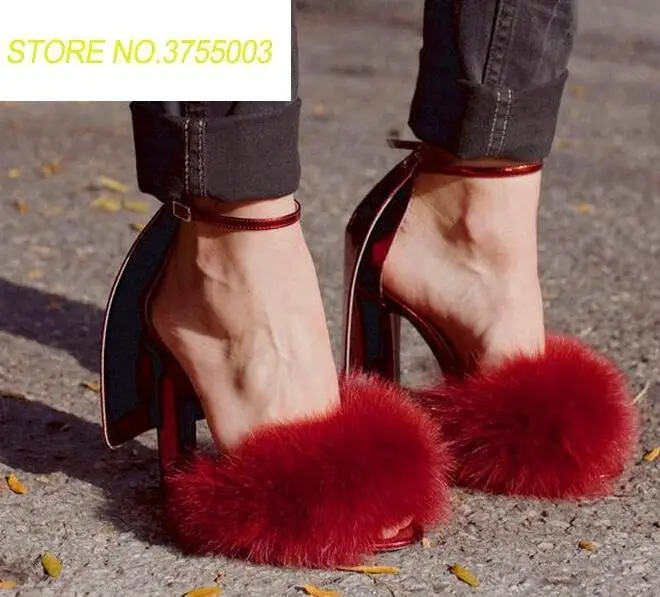 

2018 Summer Fashion Faux Fur Open Toe Women Sexy Sandals Chunky Heel Ladies Ankle Buckles Dress Shoes Hot Party Shoes Size 42