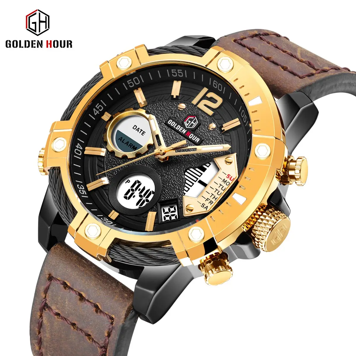 

Fashion GOLDENHOUR Dual Time Digital Quartz Watch Men Leather Strap LED Alarm Calendar Dial Sport Wristwatch Top Brand Luxury