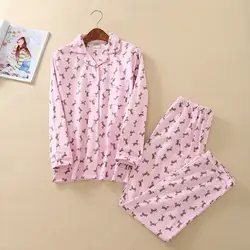 Хлопковая шерстяная ткань домашний костюм Весна и зима пижамы с длинным рукавом Брюки пижамный комплект мультфильм розовый пижамы женские