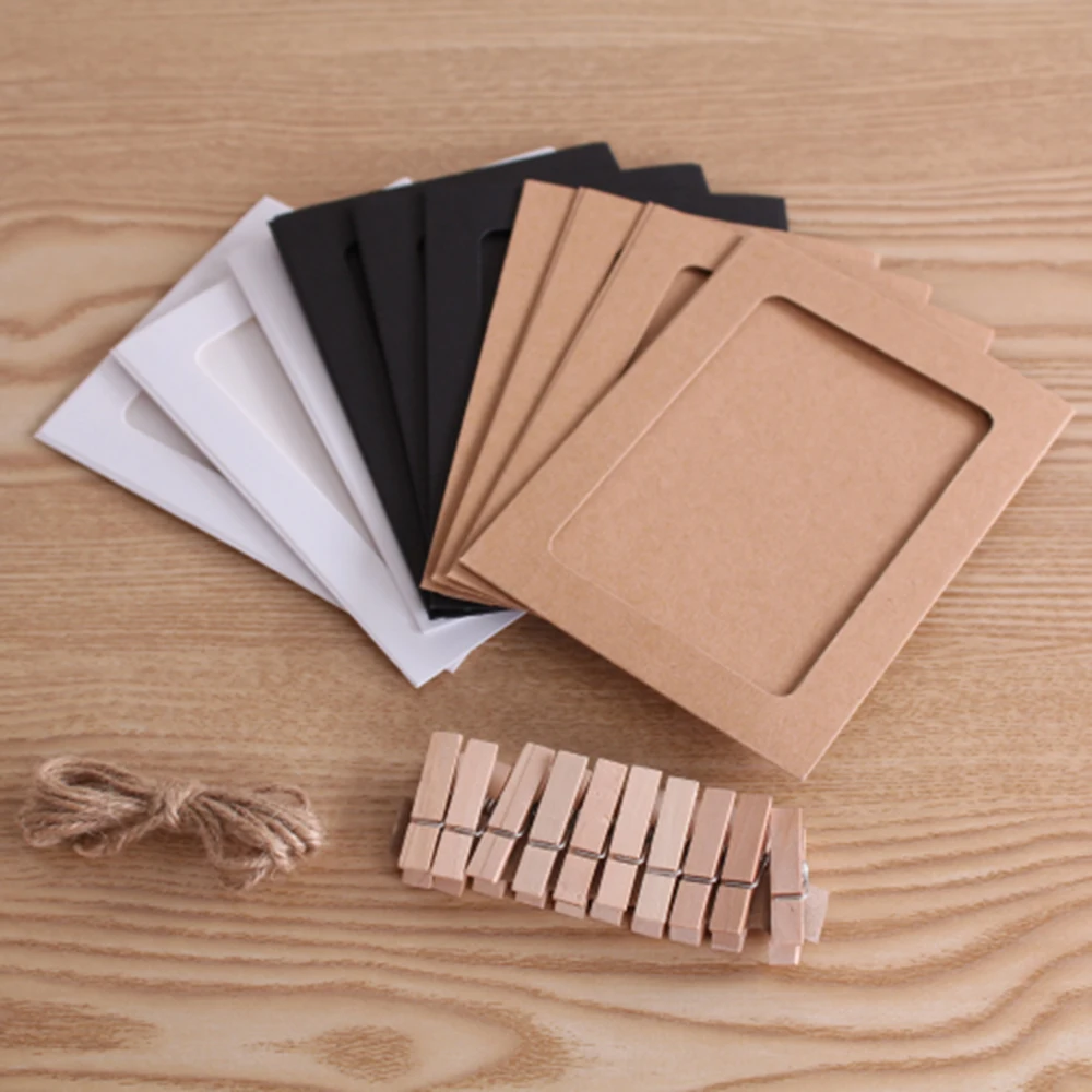 

10Pcs/Set Vintage Kraft Paper Photo Frame Strings DIY Wall Picture Frame Hanging Album Rope Clip Home Decoration cadre photo