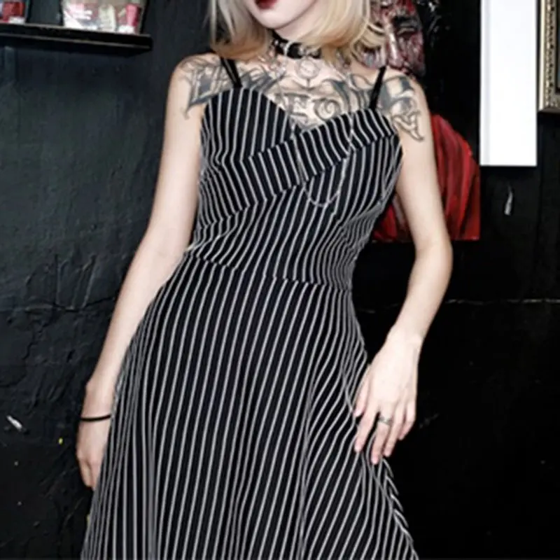 

Women Backless Sexy Strap Short Dress Clubwear Mini Harajuku Stripe Summer Casual Party Elegant Hollow Lace Up Goth Mini Dresses