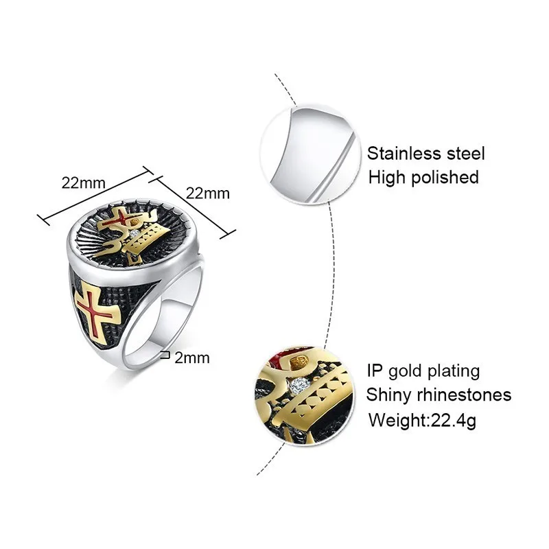 Средневековые Рыцари крест тамплиеров и Корона кольцо Винтаж для мужчин нержавеющая сталь масонский герб ювелирные изделия
