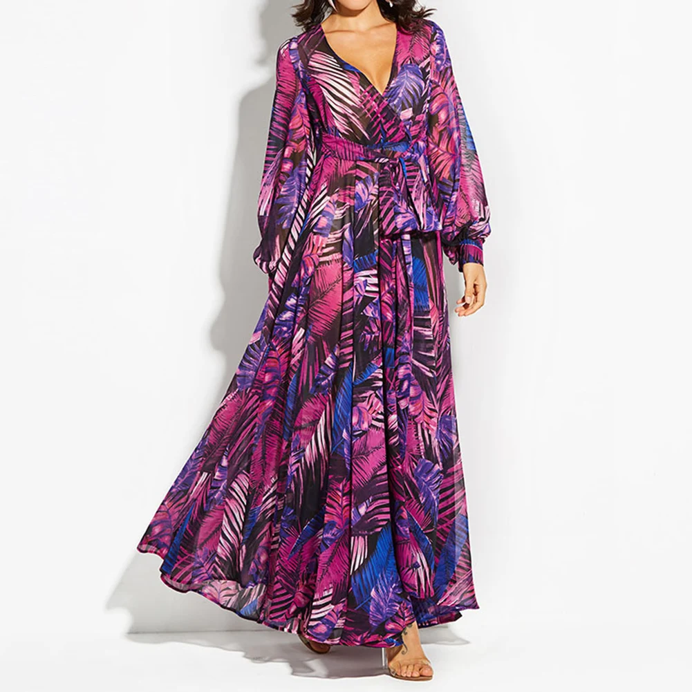Image Women Boho Floral Long Maxi Dress Evening Party Beach Dress Summer Sundress V Neck Ladies Print Green Chiffon Long Sleeve Dress